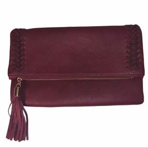 Burgundy Foldover Tassel Clutch Wristlet
